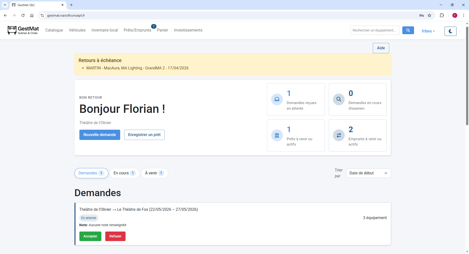 Capture du tableau de bord d'accueil GestMat, affichant des indicateurs de disponibilité, des alertes de retours en retard et des accès rapides vers les modules principaux.