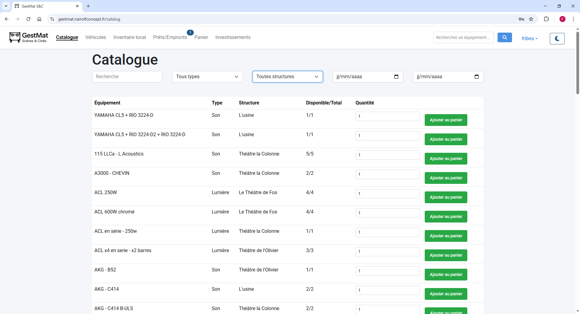 Capture du catalogue GestMat avec tableau des équipements, filtres par catégorie et barre de recherche pour retrouver rapidement un matériel précis.
