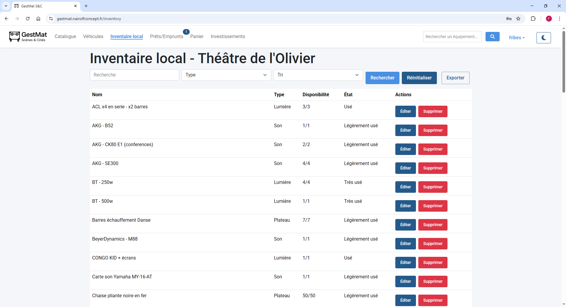 Capture de la page inventaire GestMat présentant les références matériel, la localisation actuelle et l'état de disponibilité en temps réel.